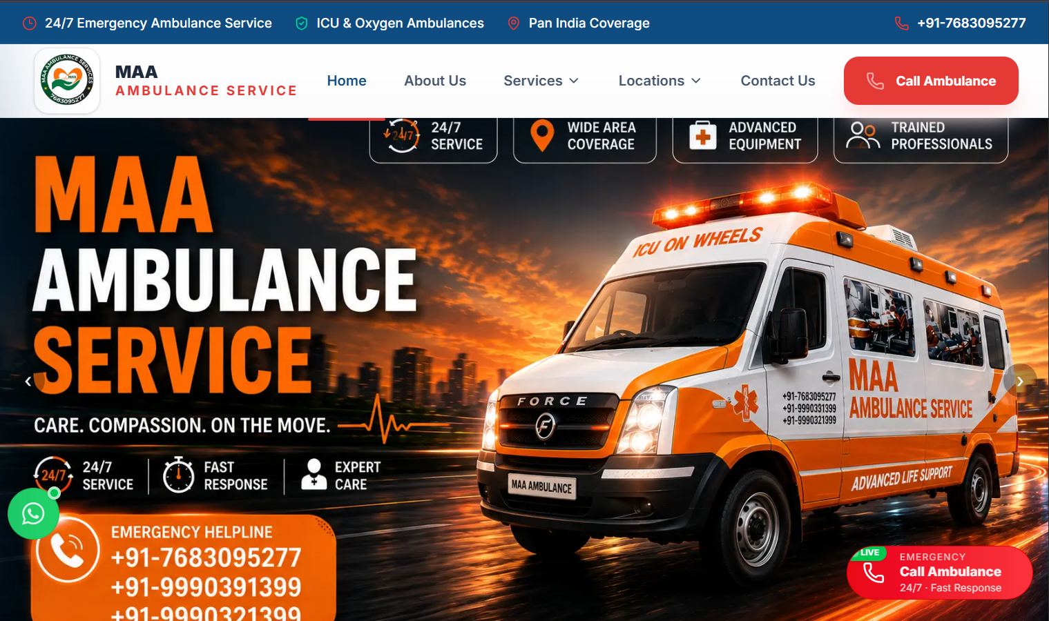 Website screenshot of Maa Ambulance Services homepage